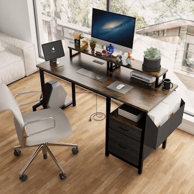 Home Office Desk with Movable Monitor Stands, Adjustable & Reversible Desk with Drawer and Hidden Power Outlets
