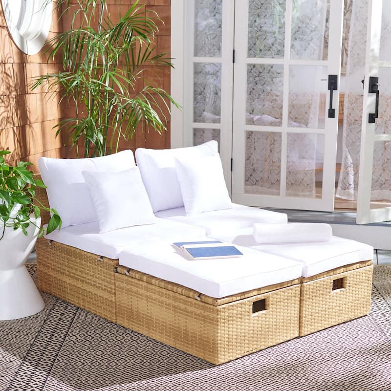 SAFAVIEH Outdoor Algrid Settee with Storage Ottomans (Set of 2) - 29Wx23Dx25H - Natural/White
