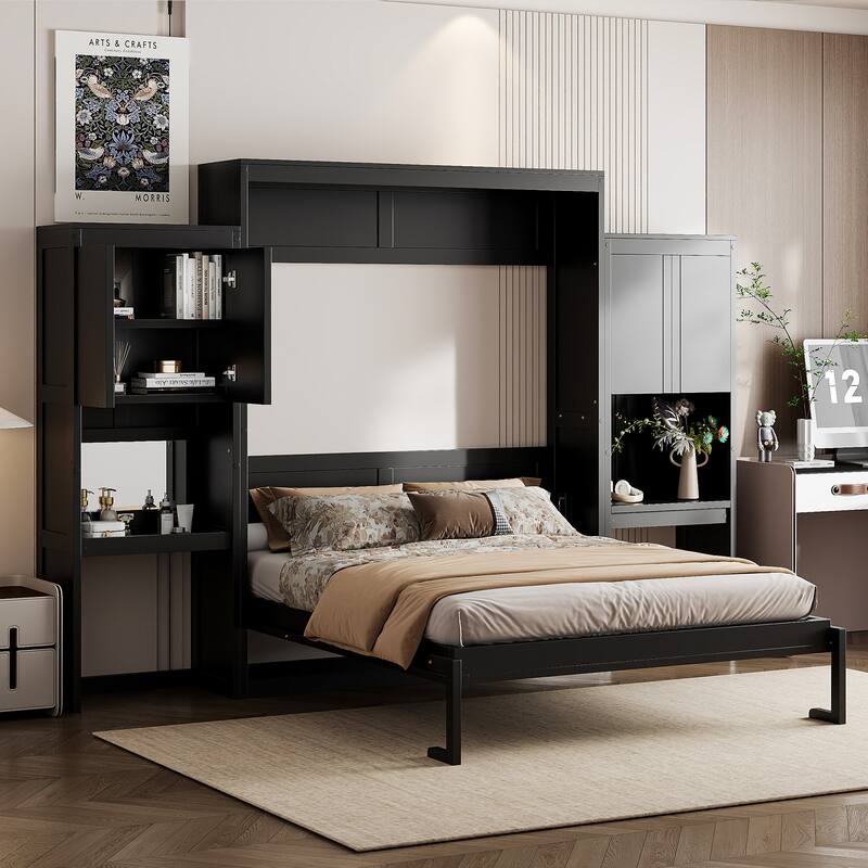 Queen Murphy Bed with Fold-Out Desk, Flip-Up Vanity Mirror, and Storage Cabinets, Space-Saving Design