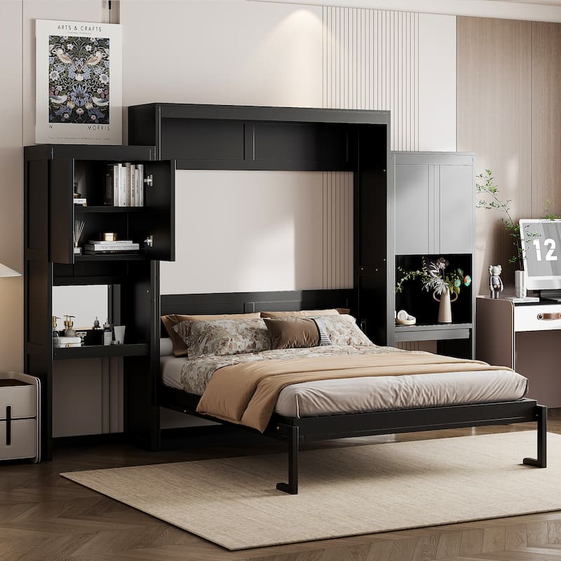 Queen Size Murphy Bed with 2 Doors Bookshelf and Vanity, Traditional Solid Wood Wall Bed, Can be Folded Platform Bed