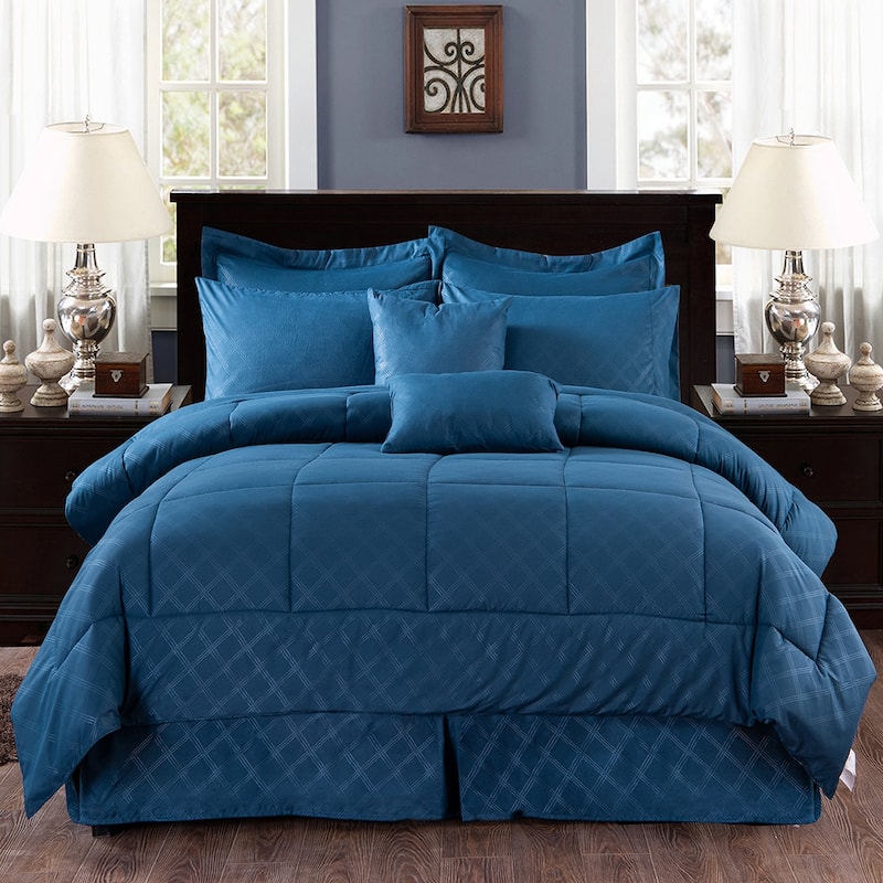 Luxurious 10 Piece Comforter Set Plaid Design Bed In A bag - Navy - King