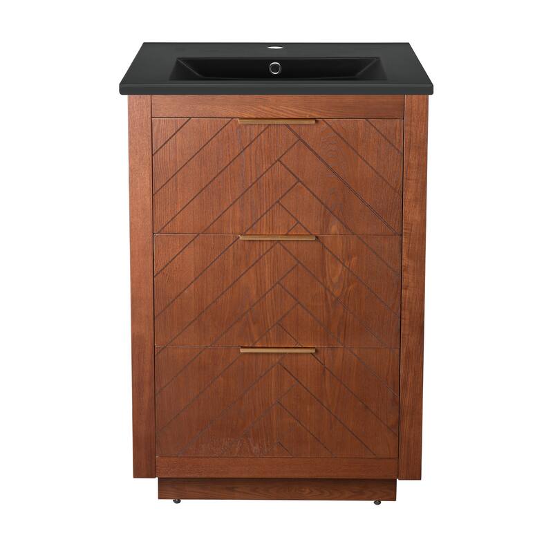 Daxton 24 In. Brown Walnut Bathroom Vanity With Black Ceramic Sink Top