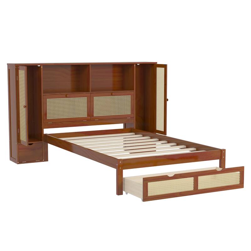 Twin Size Wooden Bed with Integrated Storage Headboard, Versatile Platform Bed Frame with Natural Rattan, Wood Slats Support