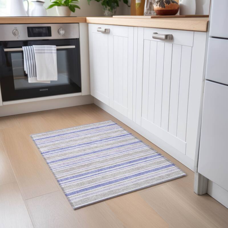 Machine Washable Indoor/ Outdoor Thin Cabana Stripe Chantille Rug