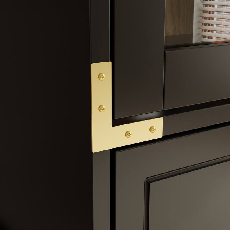 Bookshelves Black Display Cabinet with Glass Doors, Wood Grain Back, Metal Corner Accents - 66.1"x74.8"