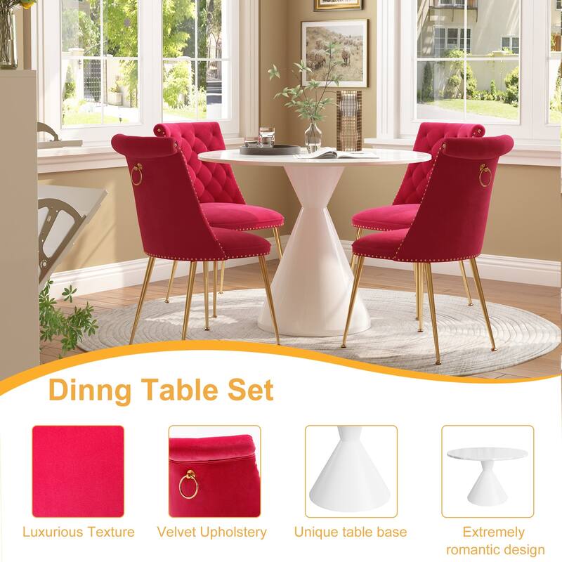 48" Light Luxury White High Gloss Large Countertop Dining Table with Velvet Dining Chair Set