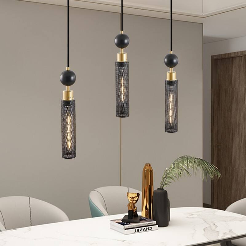 Modern Black and Gold 3-Light Pendant Chandelier, Adjustable Hanging Lights with Cylindrical Mesh Shades, E26 Base, Dining Room - Black
