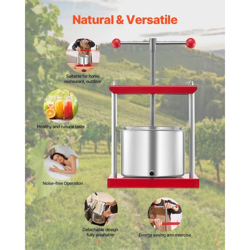 1.6 Gal Manual Fruit Press with Stainless Steel Plate Juicer for Wine Puree or Olive Oil - 300x242x435 mm