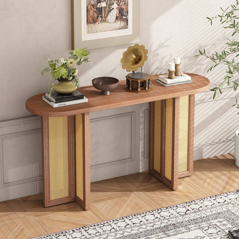 Rattan Console Table Entryway Table,Natural Wood Wash