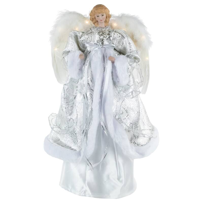 18" White Silver Angel in a Dress Christmas Tree Topper White Lights