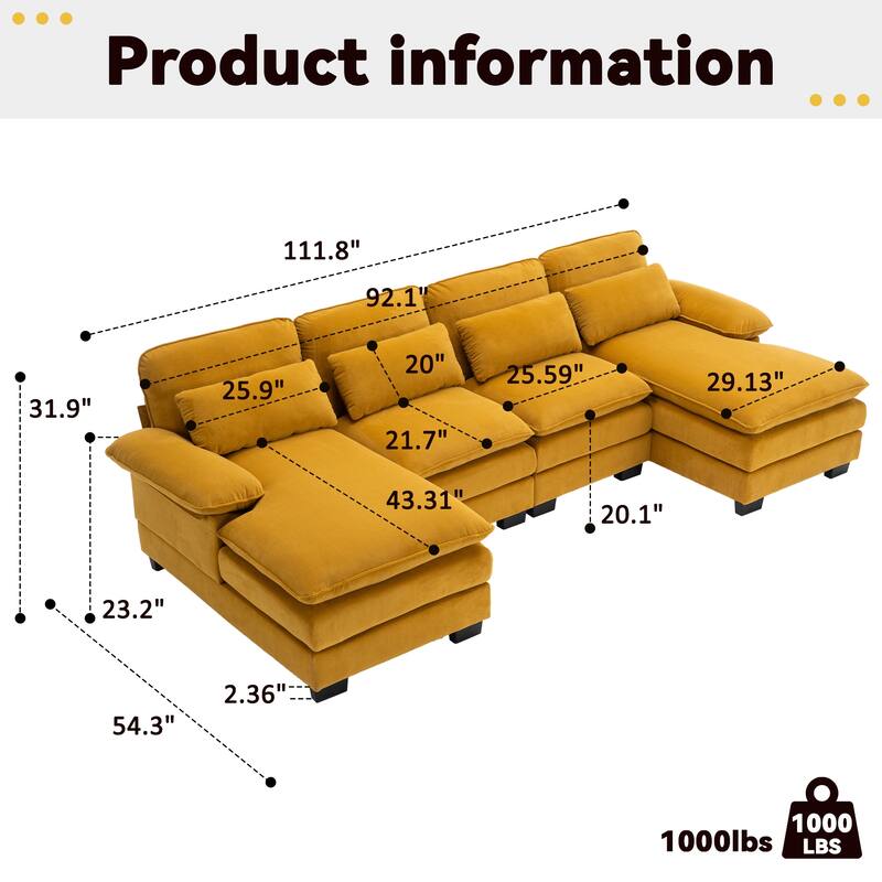 U Shape 111.8"Modern Comfort Combination Sectional Sofa,4-seat Velvet Fabric Upholstered Sofas with Chaise Lounge & Pillows