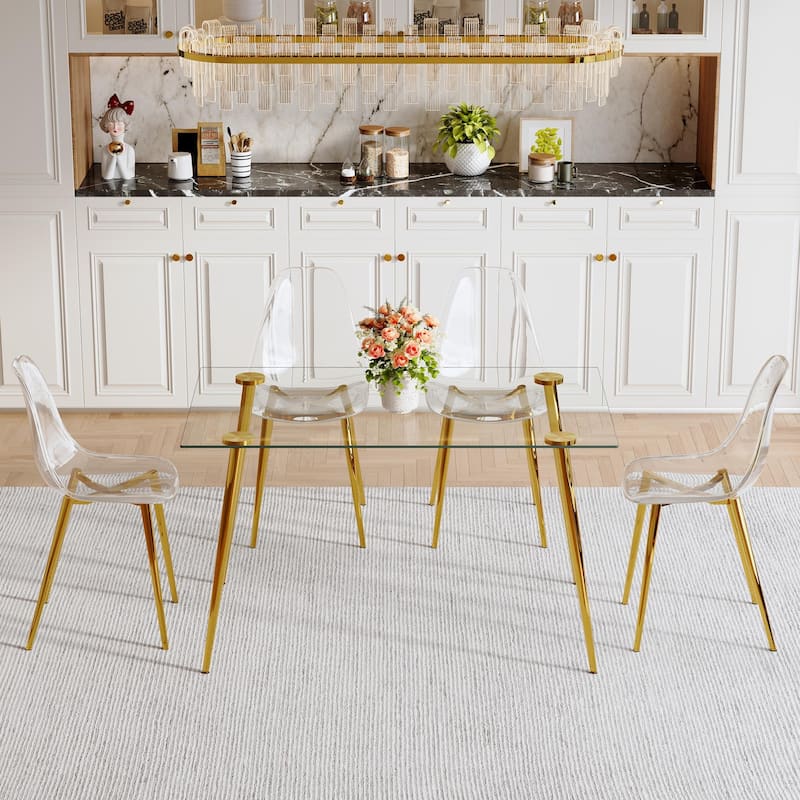 Modern Luxury Dining Set Rectangular Tempered Glass Table 4 Transparent Chairs Gold Legs