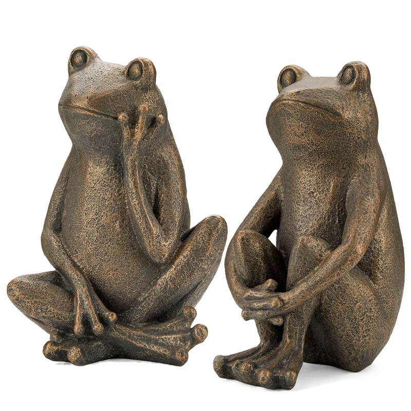 Glitzhome 12''H Resin Bronze Squatting Sitting Frog Statue - Set of 2