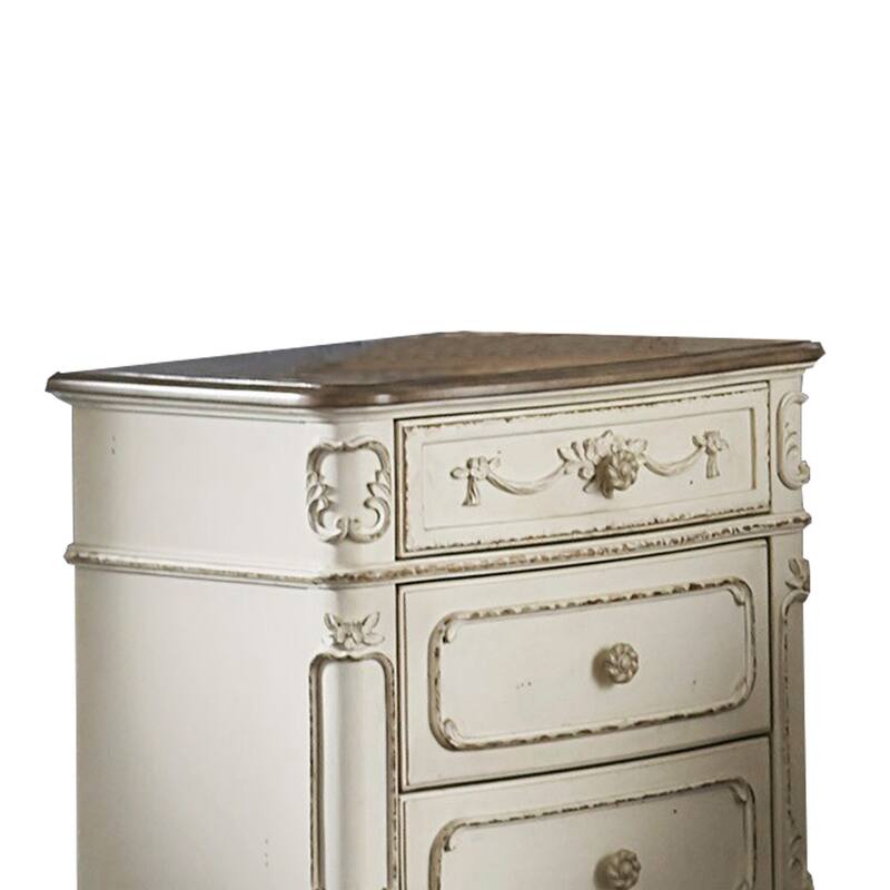 3 Drawer Nightstand with Floral Motif Carving Details, Antique White and Brown