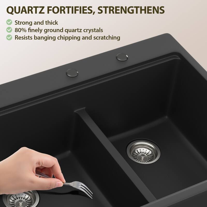 Lordear 33" Kitchen Sink Double Bowl Drop In Workstation Low Divider Quartz Composite Sink - 22 in.W x 33 in.D x 9.65 in.H
