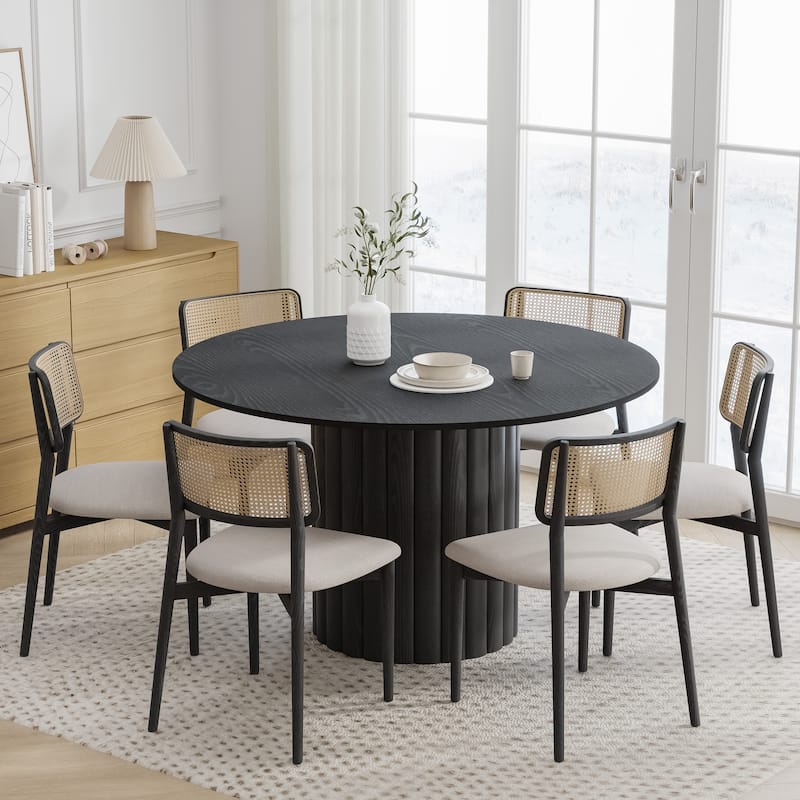 Solid Wood Round Dining Table Kitchen Table with Tabletop & Textured Cylindrical Base - 52 in.W x 30 in.H - Black+Black