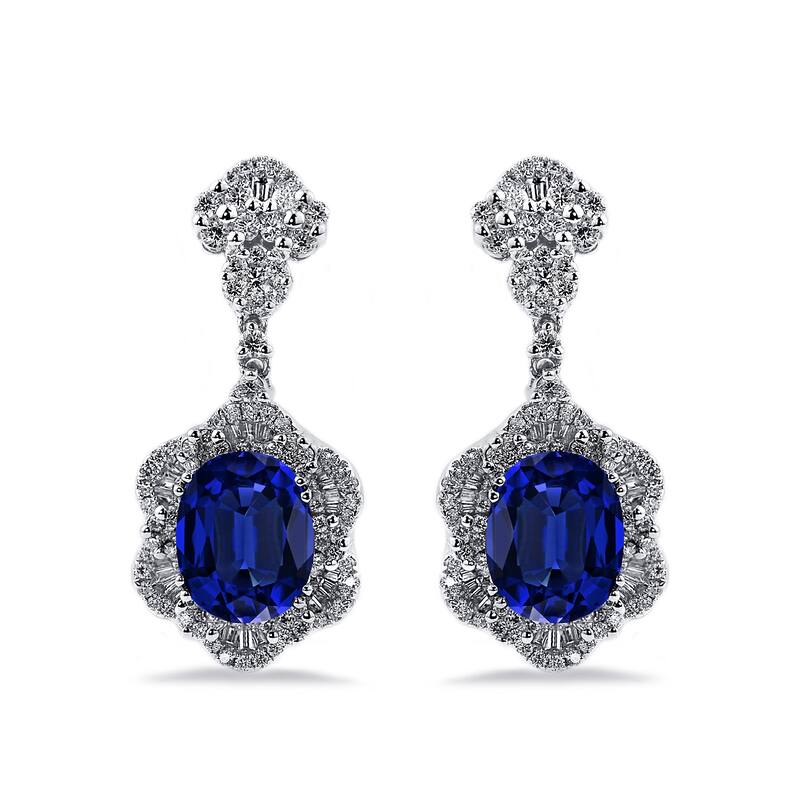 Auriya Fancy 7 9/10ct Royal Blue Sapphire Oval and 1 7/8ctw Diamond Drop Earrings 18K Gold