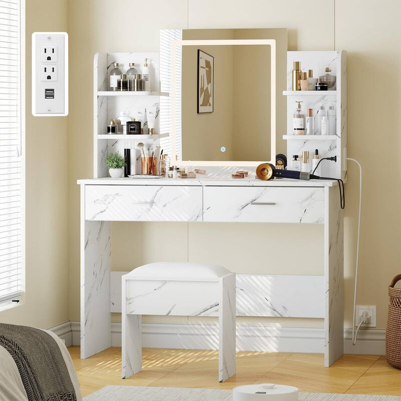 Makeup Vanity Set with Mirror, Stool， Charging Station， 2 Drawers, 6 Shelves