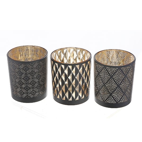 slide 2 of 3, Glass Tealight Holder Black Pattern - Set of 3