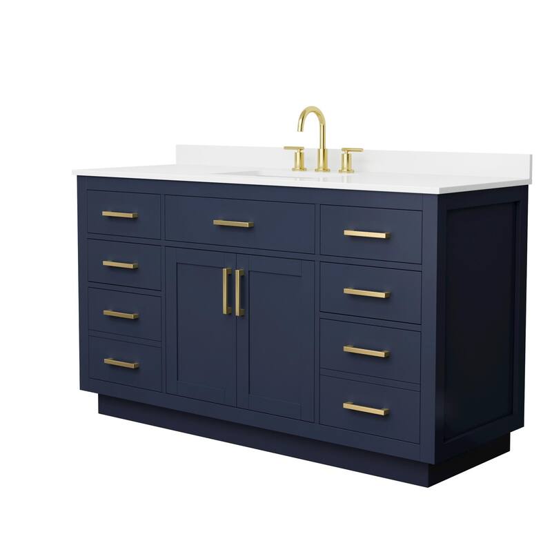 Beckett TK 60-inch Single Vanity, 3 Hole Quartz Top - Dark Blue, Gold Trim, White Quartz Top