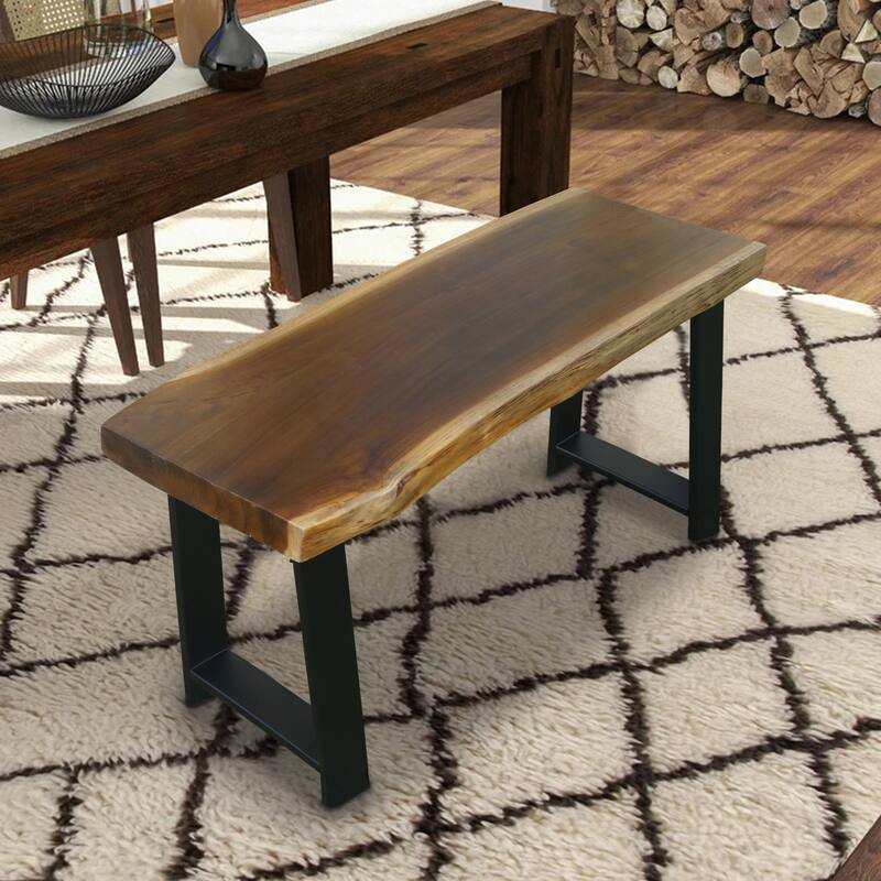 Greenage Pieced Teak Rectangle Bench Rustic Metal Seating Chair