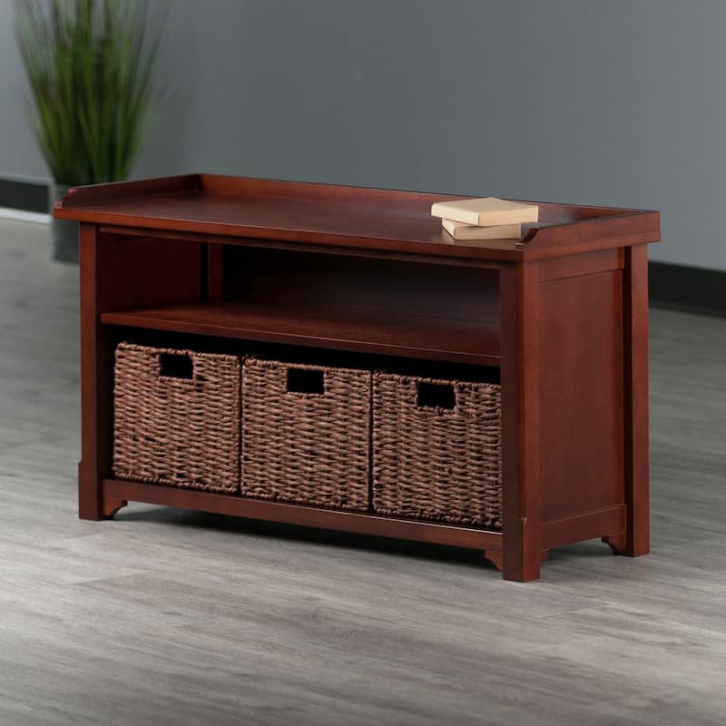 Milan 4-Pc Storage Bench with 3 Foldable Woven Baskets, Walnut - 40 x 14.17 x 22.05 inches