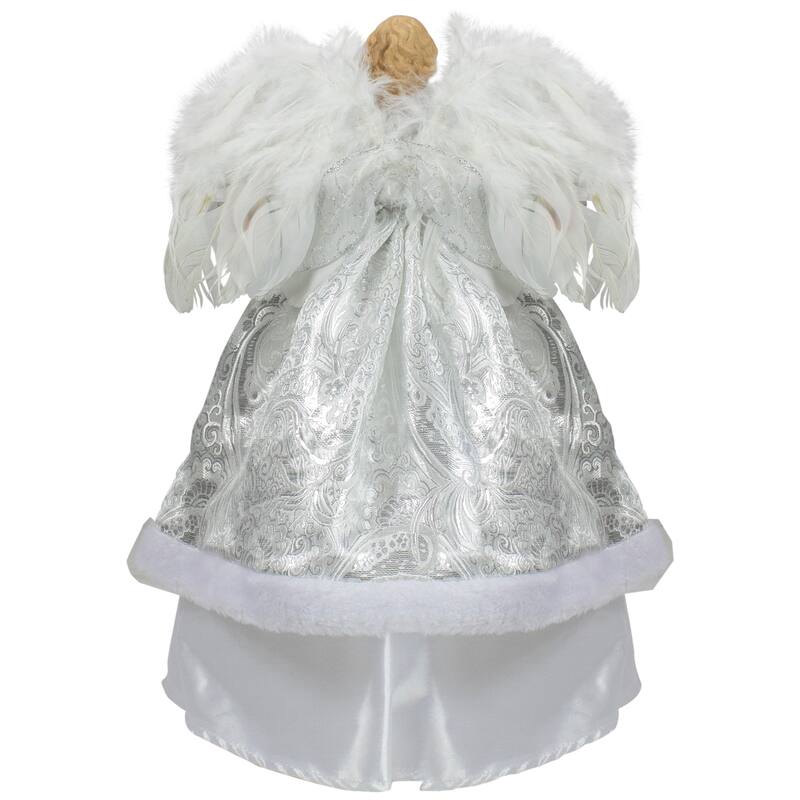 18" Blonde Angel in White and Sliver Dress with Faux Fur Trim Christmas Tree Topper - 18