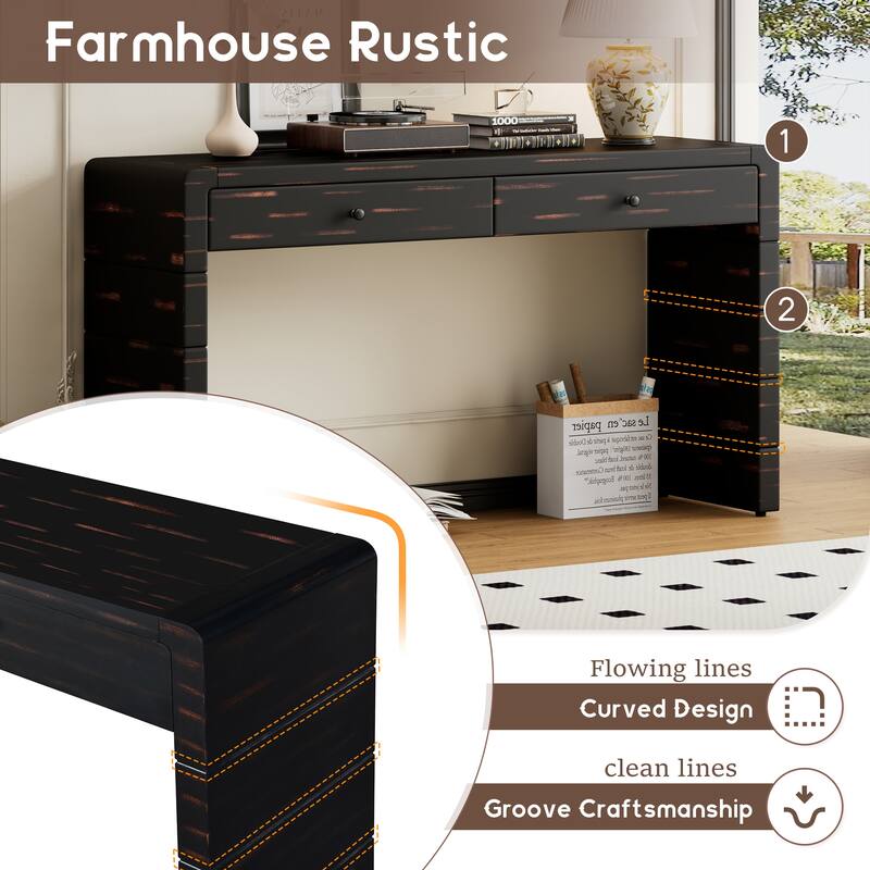 Curved Farmhouse Console Table with Storage, Wooden Entryway Table with 2 Drawers for Hallway