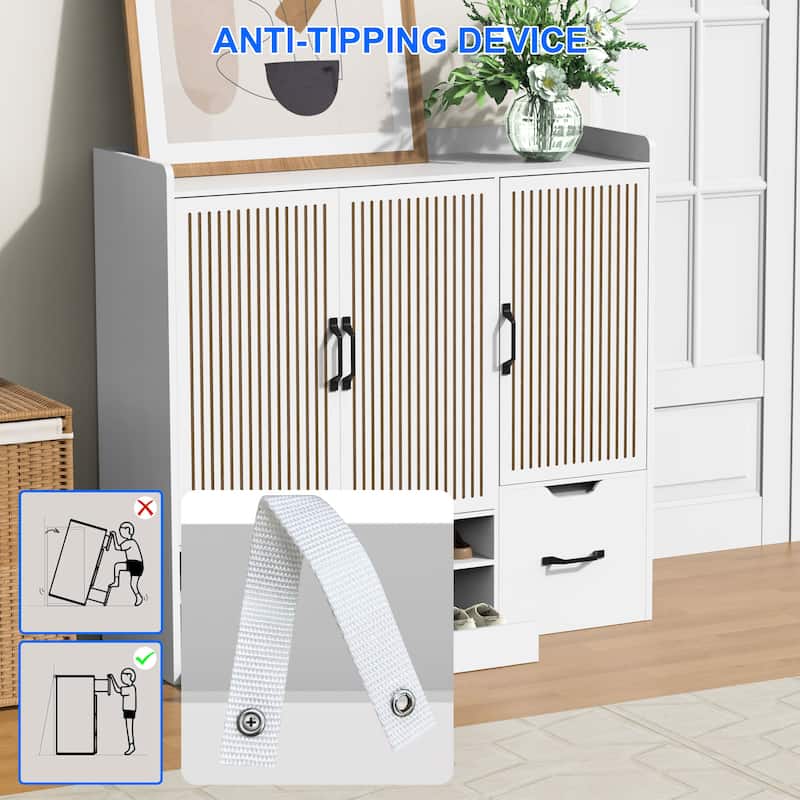 Multi-functional Shoe Cabinet with Adjustable Shelves, Stool, Retractable toe-kick drawer, Minimalist Shoe Storage Organizer