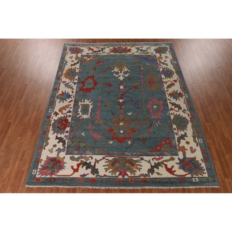 Floral Blue Oushak Indian Area Rug Handmade Wool Carpet - 9'3"x 12'0"