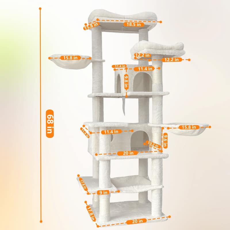 68in Tall Multi-Level Green Cat Tree with Hammocks, Hanging Basket, Cat Cave