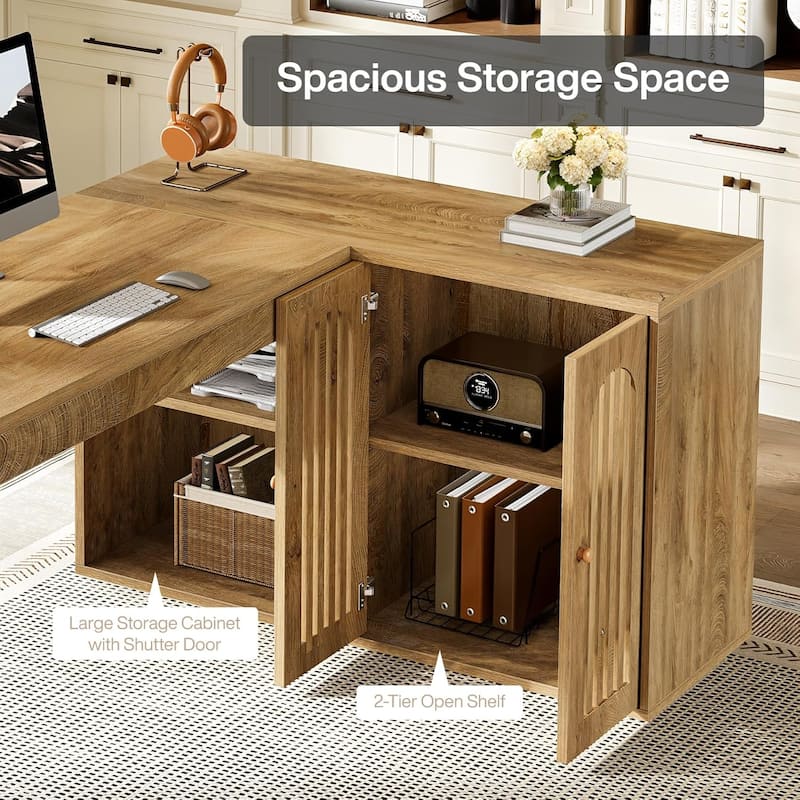 L Shaped Executive Desk with Storage Cabinet, 59-Inch Corner Office Desk
