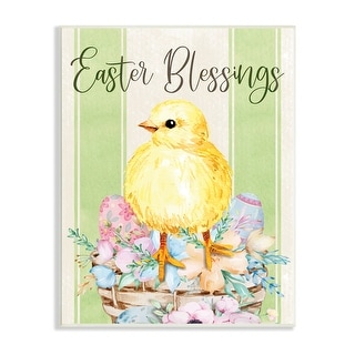 Stupell Easter Blessings Text Striped Yellow Chick Egg Basket Wood Wall 