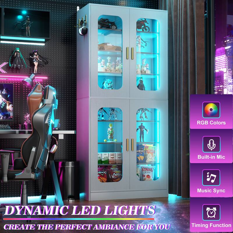 8-Tier Shoe Cabinet with LED Light, 32 Pairs Tall Shoe Storage Organizer with Side Hooks