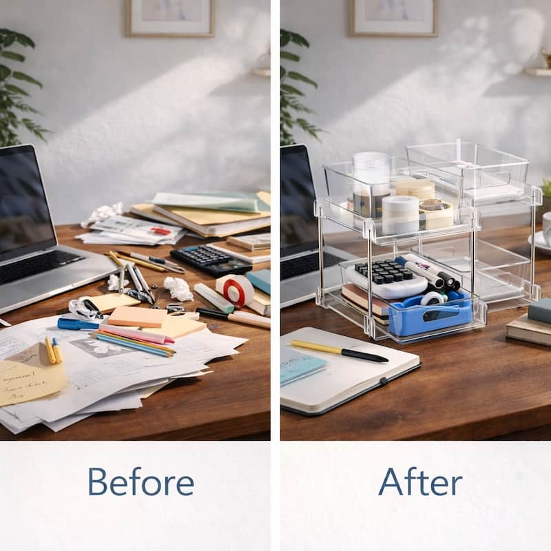 Sorbus 2-Tier Pull-Out Office Organizers, 2 Pack Clear Desk & Office Supply Storage Drawers, Office Organization Bins