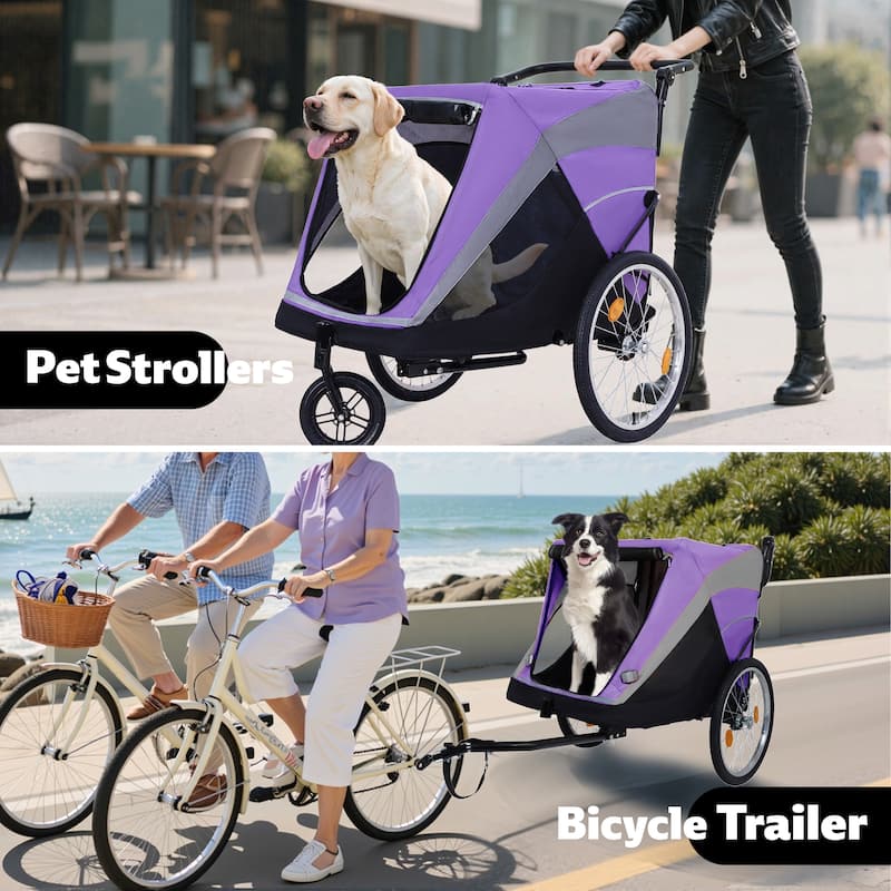 2-in-1 Pet Bike Trailer & Push Cart - 100LB Dog Carrier with Quick Release Wheels, Storage Bag & Safety Leash