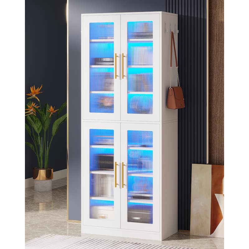 8-tier Modern Tall Bookcase Bookshelf with Doors and LED Light - White