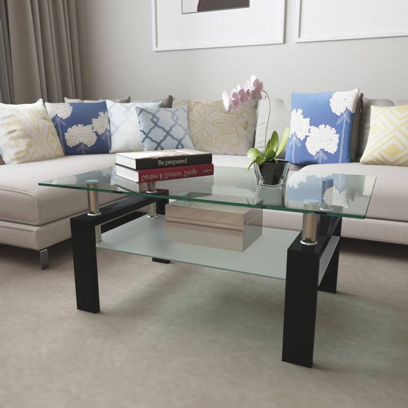 Rectangle Glass Coffee Table with Storage Shelf