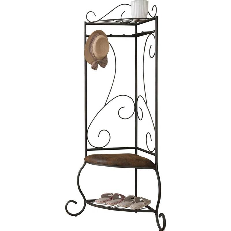 Corner Metal Hall Tree Entryway Coat Rack Upholstered Storage Bench Shoe Rack - 24.75" W x 24.75" D x 70.25" H