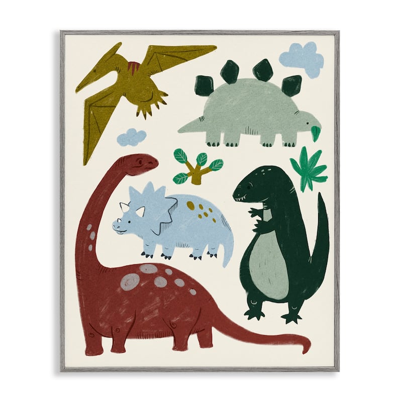 Stupell Colorful Cartoon Dinosaur Friends Kid's Science Illustration Framed Wall Art - 24 x 30 - Grey