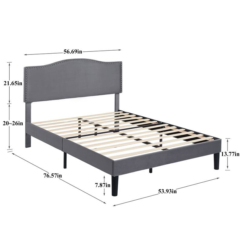 VECELO, Upholstered Platform Bed Frame with Nailhead Headboard Twin Full Queen Size Bed-Grey