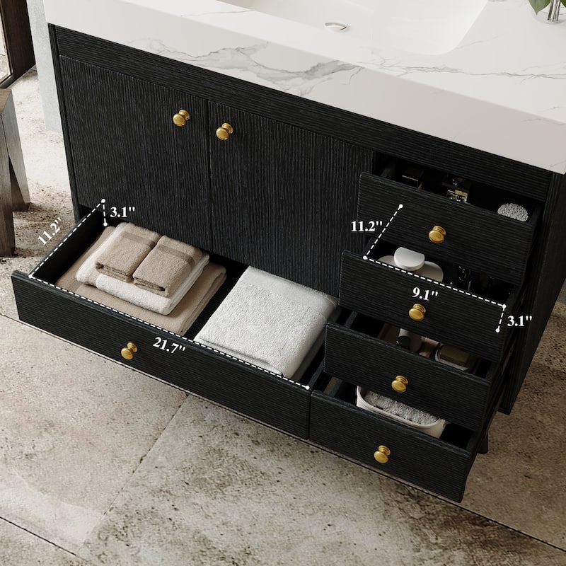 36" Bathroom Vanity with Faux Marble Top & Ceramic Sink, 5-Drawer Storage Cabinet with Stainless Steel Legs