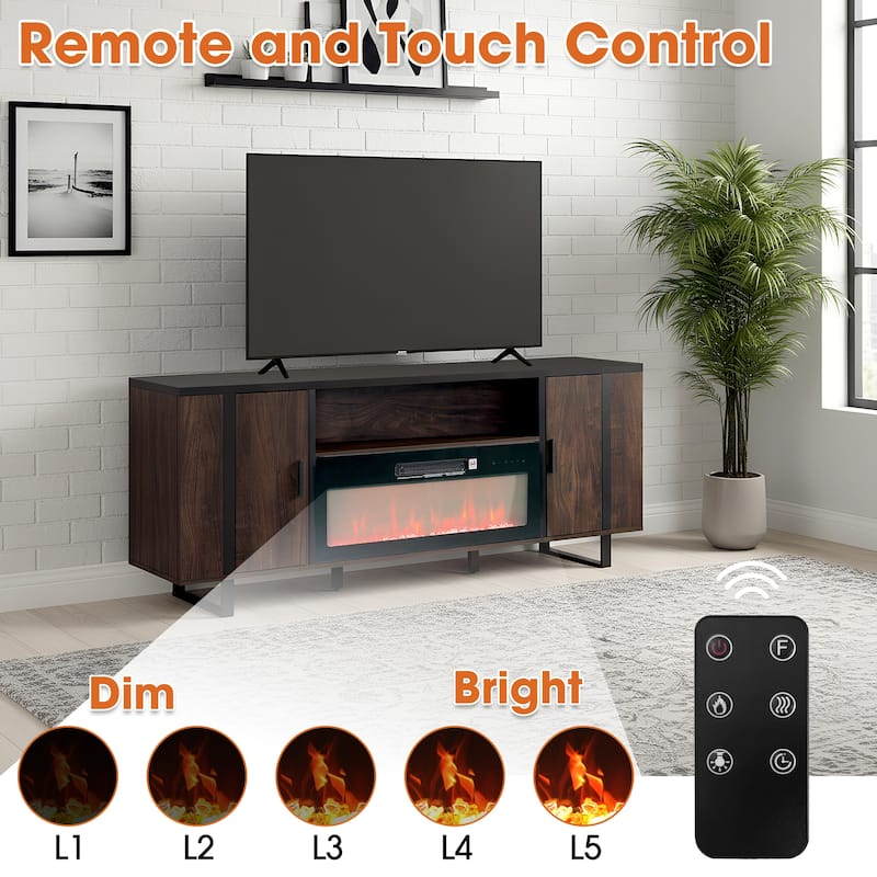 72" Farmhouse Walnut Wood Electric Fireplace TV Stand with Storage Open Compartment
