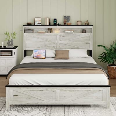 Full/ Queen/ King Size Farmhouse Style Wood Bed Frame w/ LED Light, Platform Bed w/ Storage Headboard and USB Ports