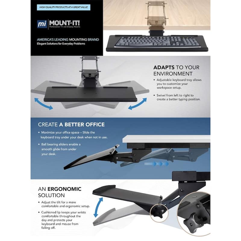 Mount-It! Under Desk Computer Keyboard and Mouse Tray with Gel Wrist Pad Black- MI-7135