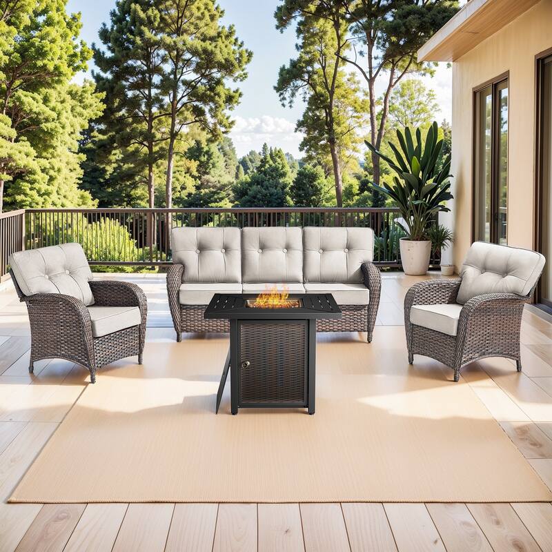Pocassy Outdoor 30 In Fire Table with Sofa Patio Swivel Chair Set - Brown Wicker Beige Cushion - 6-Piece Sofa Patio Chair with Fire Pit Table