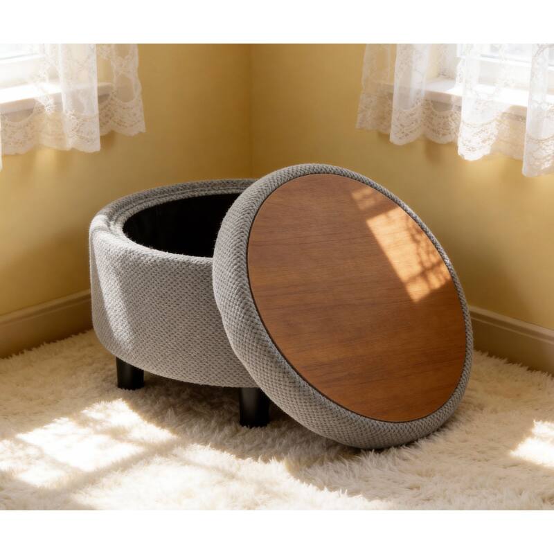 Round Storage Ottoman with Lift-Off Tray and Upholstered Fabric