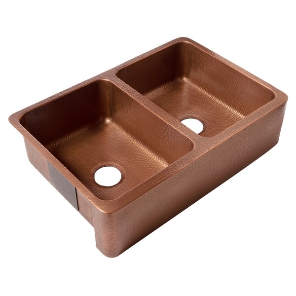 slide 2 of 11, Lange Copper 32" Double Bowl Farmhouse Apron Front Undermount Kitchen Sink