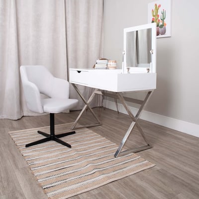 MIX Porsha Wood Polished Stainless Steel Legs Rectangular Lift-Top Desk Vanity Table with Hidden Storage and Mirror