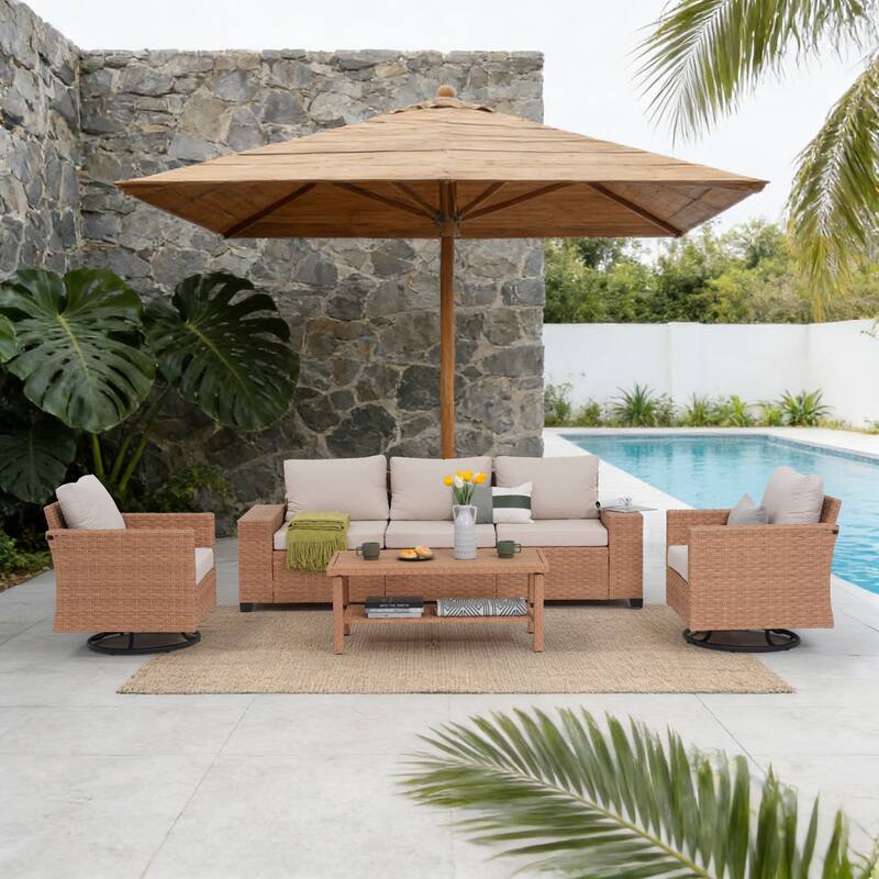 Outdoor Conversation Set 4-Piece with Swivel Chair and 3-Seater Sofa with Cushion and Coffee Table PE Wicker Rattan